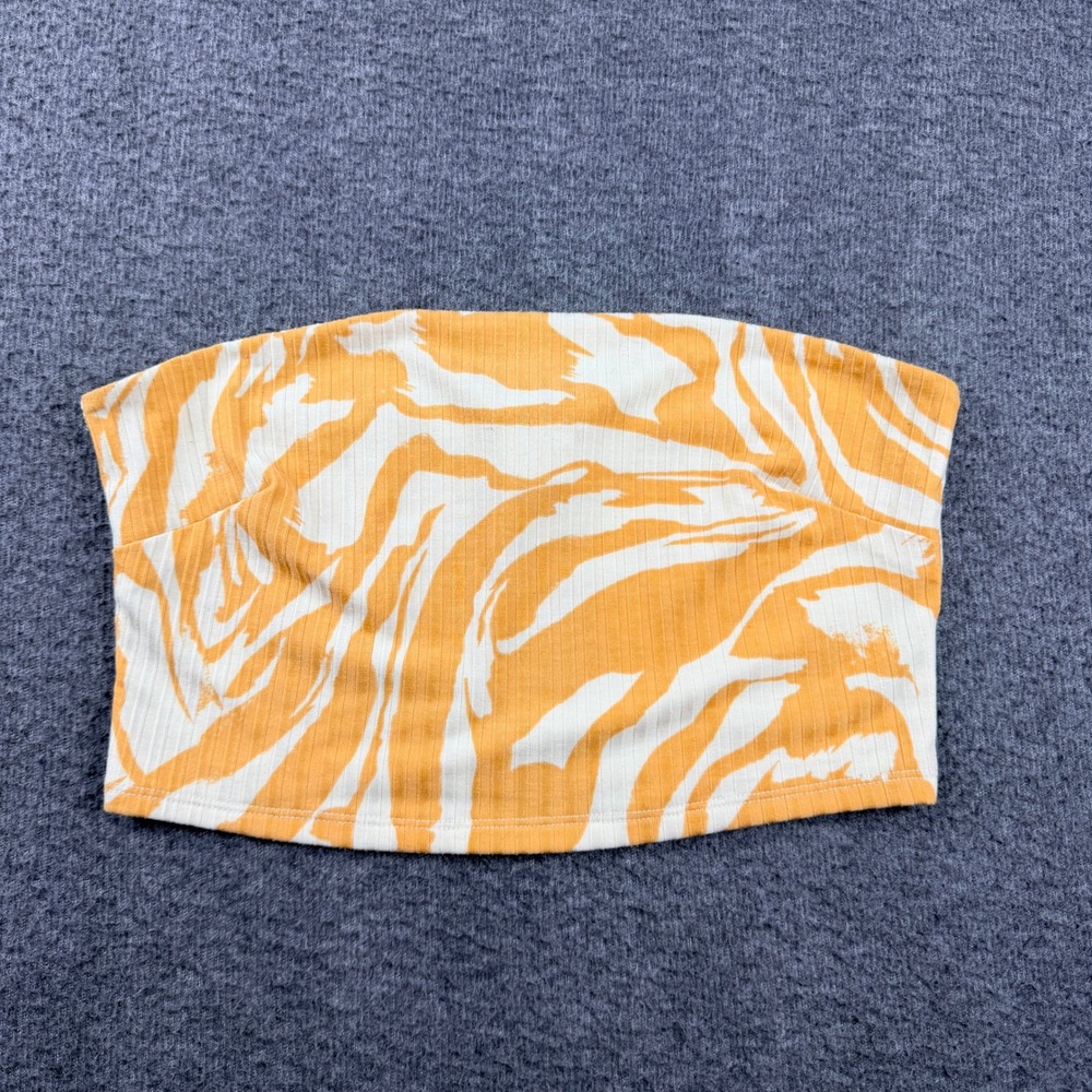 H&M Women's M Y2K Ribbed Tube Top Orange White Swirl Marble Print Strapless Crop